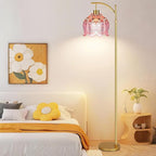 Pink Floor Lamp for Living Room,Bedroom,Glass Gold Dimmable Standing Lamp with Remote,Mid Century Modern Brass Tall Lamp Boho Floor Lamps Arc Stained Tulip Flower Floor Light Lamp Bohemian