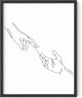 Minimalist Reaching Hands Wall Art Continuous Line Drawing Connection Symbol 11x14 Inch Oak Wood Black Framed Aesthetic Modern Decor Print for Bedroom Living Room
