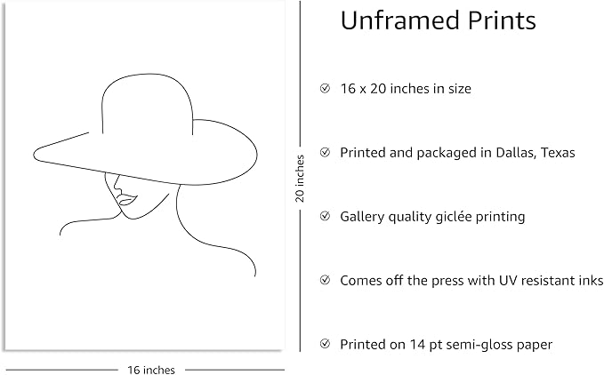 Y2K BOO Elegant Woman in Hat UNFRAMED Wall Art Minimalist Feminine Profile Continuous Line Drawing 16x20 Inch Heavyweight Paper chic Studio Decor