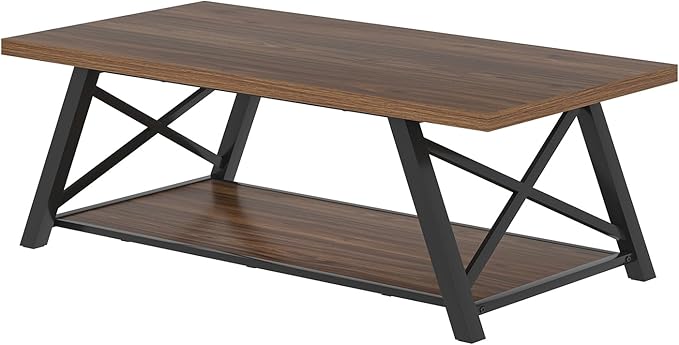 EXCEFUR Modern Coffee Table, Industrial Living Room Center Table with Storage Shelf, Rectangle Wood and Metal Cocktail Tea Table, Rustic Walnut, 47 Inch