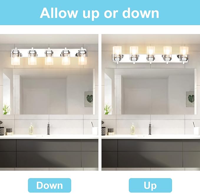 Vanity Light Fixture,5-Light Vanity Light for Bathroom,Chrome Bathroom Vanity Lighting Over Mirror with Square Clear Glass Shade for Restroom