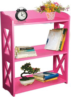 Pink Bookcase by Natural Wood, 3 Tier Bookshelf, Small Book Shelves Freestanding Display Storage Shelves. Open Bookshelf for Bedroom, Living Room and Office (Pink, 3 Tier)
