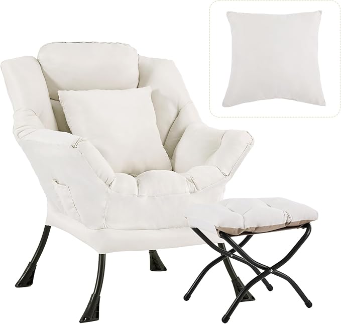 Lazy Chair with Ottoman, Large Lounge Accent Chair with Ottoman and a Throw Pillow, Beige Reading Chair for Living Room Bedroom Dorm Room Office Apartment Relaxing Use