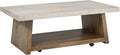 Signature Design by Ashley Brendalhouse Casual Coffee Table with Faux Cement Top, Bottom Shelf and Casters, Light Brown & White