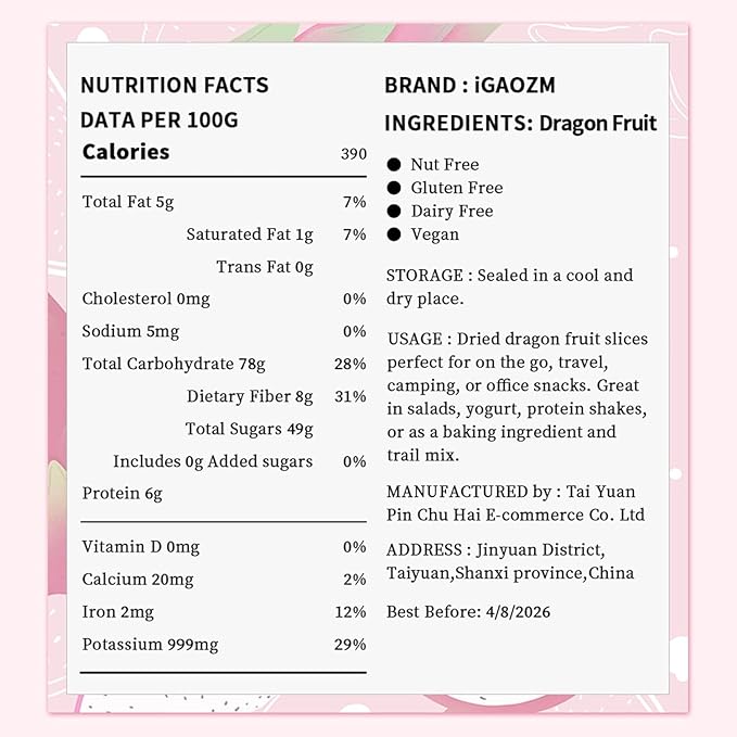 iGAOZM Dried Dragon Fruit Slices,3.52oz/100g,Dehydrated Dry Dragon Fruit Chips, No Sugar Added,Soft and ChewyBulk,Dehydrated Dragon Bulk Pieces for Cocktails,Tea Drink,Travel Snacks,Garnishing, Baking