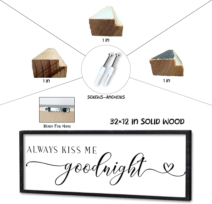 Surfapans Master Bedroom Above Bed Wall Decor 32"×12" Always Kiss Me Goodnight Sign Rustic Farmhouse Couples Over Bed Romantic Love Quotes Modern Large Wood Frame Horizontal Wall Hanging Art (Black