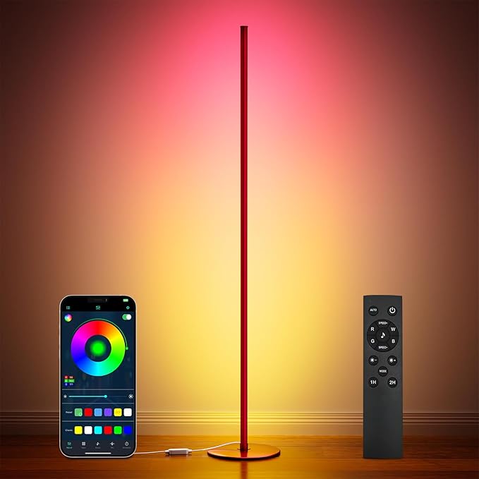 Luckystyle Smart RGB Corner Floor Lamp,Bright LED Tall Modern Floor Lamp with APP and Remote,Ambient Lighting Color Changing Standing Lamps with Music Mode and Timing for Living Room,Bedroom,Party Red