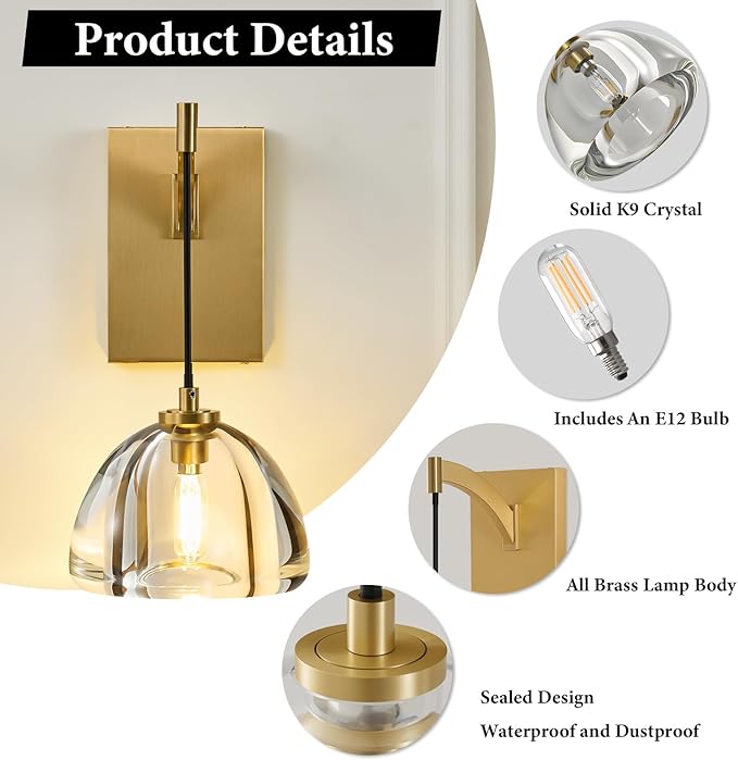 Crystal Brass Dome Wall Sconce - Luxury Brushed Lighting Fixture with K9 Crystals Cloche - Dimmable Indoor Hanging Light - Modern Gold Sconces for Bathroom Bedroom Living Room Stair Hallway