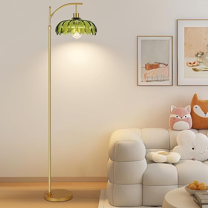 Gold Floor Lamps for Living Room Vintage Green Floor Lamp with Remote Control & Glass Lampshape,Dimmable Mid Century Modern Standing Lamp Tall Flower Lamp Brass Floor lamp for Bedroom Corner
