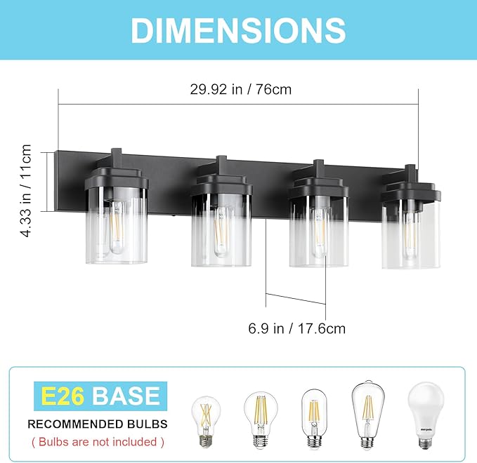 Vanity Light Fixture,4-Light Vanity Light for Bathroom,Matte Black Bathroom Vanity Lighting Over Mirror with Square Clear Glass Shade for Restroom