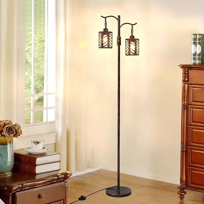 Industrial Vintage Dimmable Lamp, 2 Classical Lanterns Rustic Farmhouse Floor Lamp with Bronze Gold Finish, for Living Room Bedroom (Red Copper)