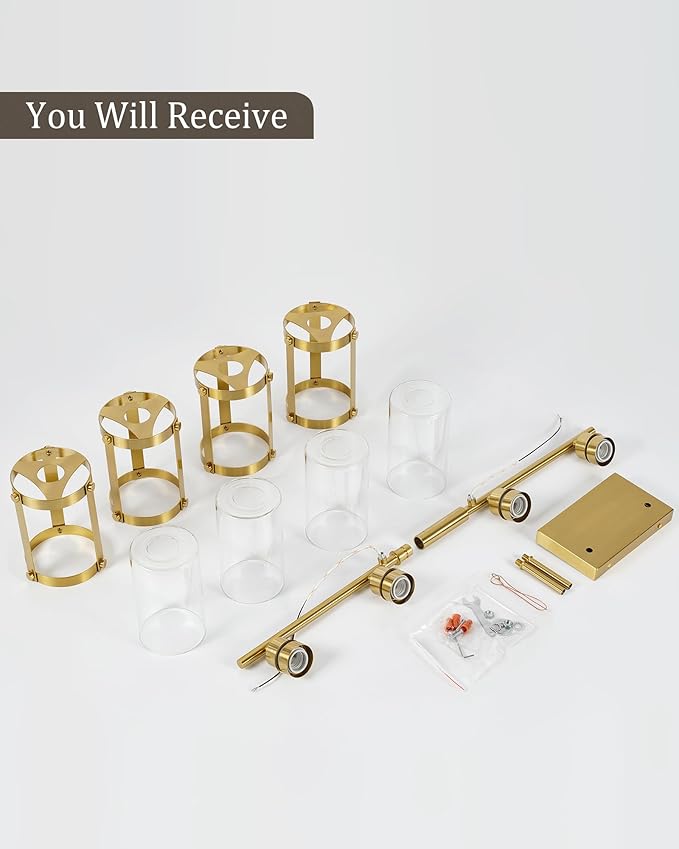 4-Light Brushed Gold Bathroom Light Fixtures, 29 Inch Modern Bathroom Vanity Lighting Fixtures Over Mirror with Clear Glass and Metal Cage Wall Sconce Lights for Bath, E26, OS-3014BG-4W