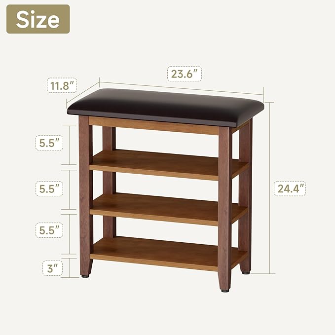 Shoe Bench with Leather Cushion,Wood Bench with Shoe Rack,3-Tier Shoe Storage Organizer for Entryway,Hallway,Living Room (Brown, 3-Tier-23.6")
