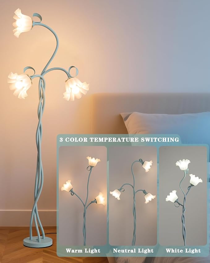 Flower Floor Lamp for Bedroom - 3 Color Temperatures Decorative LED Tall Standing Lamp for Reading with Flexible Neck for Bedroom Living Room Office Corner (Powder Blue)