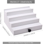 White Cologne Organizer for Men - 4 Tier Wooden Cologne Display Stand with Drawer and Hidden Compartment for Organizing and Storing, Mens Cologne Holder Shelf for Dresser