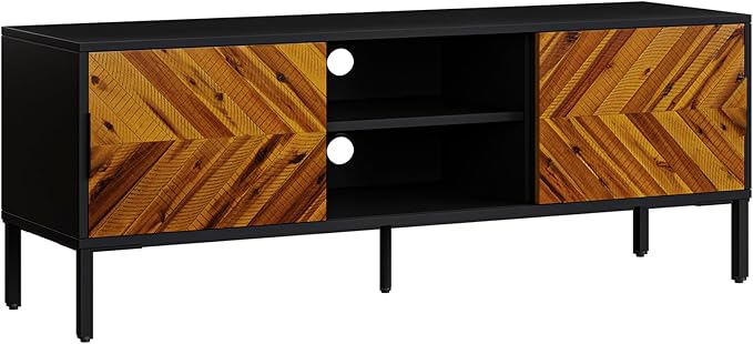 Bme Vivian TV Stand, 59 Inch Media Console Table with Herringbone Pattern Doors, Solid Wood & Metal Frame, Rustic Golden Brown – Retro-Inspired Modern TV Console for Living Room, Entertainment Center