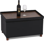Ottoman Storage Bench with Tray - Bedroom Foot Stool & Coffee Table Lid - Black Leather, 30" Inch