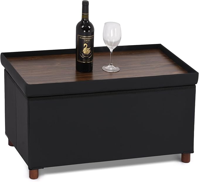 Ottoman Storage Bench with Tray - Bedroom Foot Stool & Coffee Table Lid - Black Leather, 30" Inch