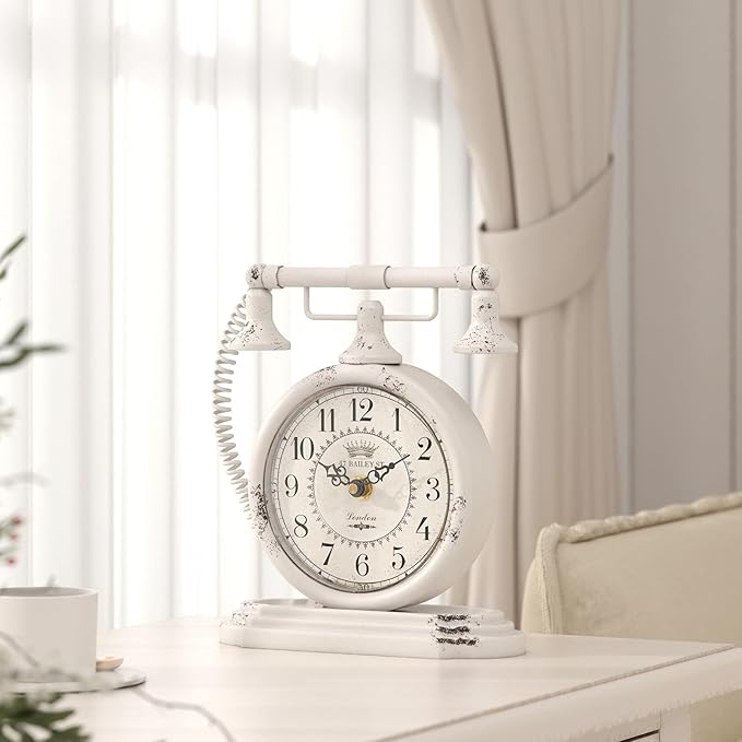 Vintage Table Clock, Desk and Shelf Decor Clock, White Antique Telephone Style Mantel Clocks, for Living Room, Farmhouse, Bedroom, Bedside, Gift (7.3" H x 7.3" W)