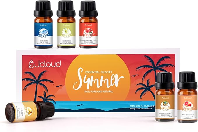 JCLOUD Summer Fragrance Oils Set | Hotel Diffuser Oil & Home Luxury Scents - Gift Set of 6 Summer Essential Oil for Diffusers for Home, Fresh Citrus, Tropical Fruity & Clean Aquatic, 6x10mL