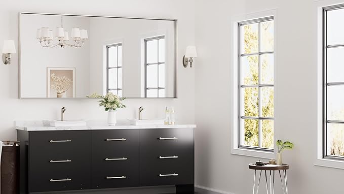 Keonjinn 72 x 36 in Brushed Nickel Mirror for Bathroom Sink, Rectangular Metal Framed Vanity Wall Mirror Square Corner Aluminum Alloy Modern Rectangle Silver Mirror for Over Sink(Horizontal/Vertical)