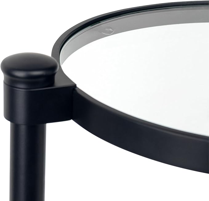 TEHOME Black Glass Drink Table Metal Martini Round Small Drink Side Table for Couch Tempered Glass C Shaped End Table for Sofa 10" diam,24.55" h