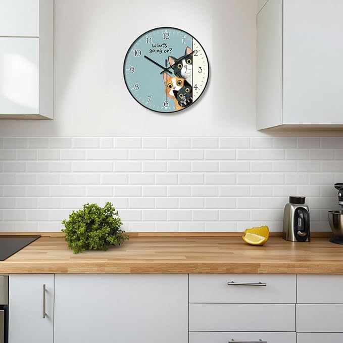 8 inch Plastic Wall Clock Battery Operated, Decorative Round Wall Clock, Quiet Wall Clock, Cat Pattern