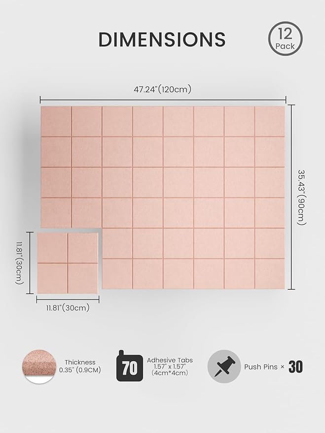 Bumusty Large Felt Bulletin Board, 48" x 36" Cork Board Alternative, 12-Pack Wall Tiles with 4-Compartment Design, 30 Push Pins, 70 Adhesive Tabs, Ideal for Office & Home Decor, Pink
