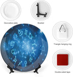 Ceramic Plates, Astrology Decorative Ceramic Plates, Abstract Horoscope Wheel Signs Aquarius Lion, 7 Inch, Household Plates Decorative, Navy Blue White and Bl
