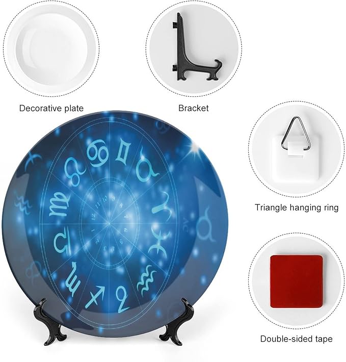 Decorative Plates, Astrology Print Ornament, Abstract Horoscope Wheel Signs Aquarius Lion, 6 Inch, Kitchen Wall Decor, Navy Blue White and Bl