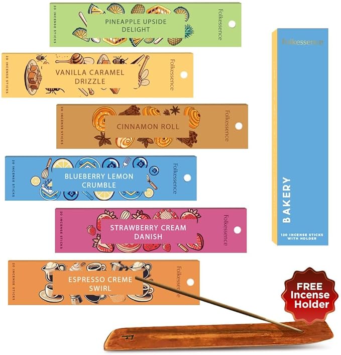 Folkulture Incense Sticks with Holder (120 Sticks) | Set of 6 Incense Sticks For Aromatherapy,Gifts | No Charcoal, Organic, Non Toxic, 45 Mins, Long Burning Vanilla, Caramel, Strawberry Insence-Sticks