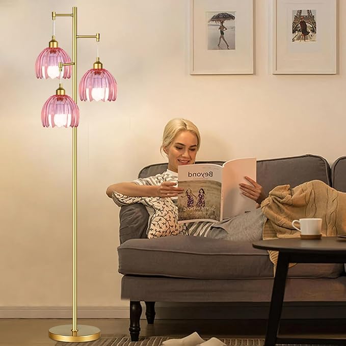 Gold Floor Lamps for Living Room Bedroom-3 Light Vintage Floor Lamp with Glass Lampshape & Three Bulbs,Mid Century Modern Standing Lamp Tall Tree Flower Floor Lamps for Bedroom Living Room,Corner