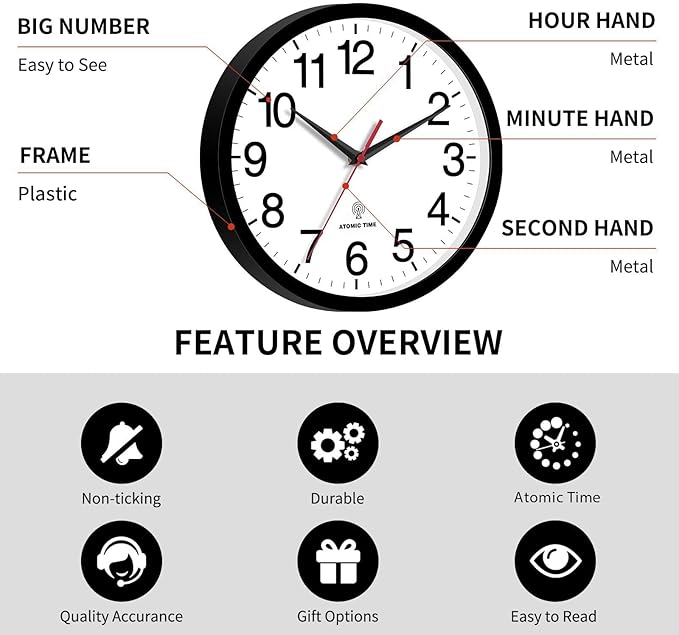 Atomic Wall Clock, Modern 14 Inch Battery Operated Wall Clocks, Analog Clock for Living Room, Office, Home, Bedroom, Kitchen, Bathroom(Black)