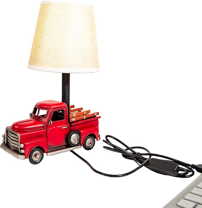 Berfutall-Decorative Rustic Red Vintage Truck USB Table Lamp，Night Light with Burlap Shade, 6.7 x 4.7 x 6.7 inches