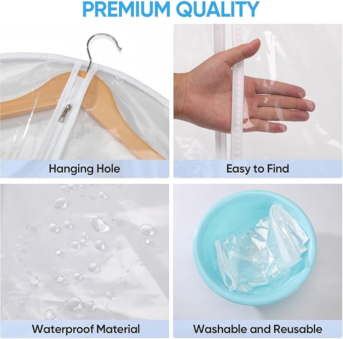 40” All Clear Garment Bags for Travel - PEVA Waterproof Suit Cover with Zipper for Hanging Clothes, Dresses, Coats - Durable Dresser for Closet Storage, Dustproof & Moisture Resistant - 40''/6 Pack