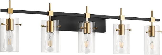 SOLFART 40.1 inch Vintage Brass Bathroom Vanity Light fixtures Bathroom Wall Lights Over Mirror with Glass Shade 5 Light