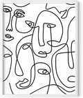 Abstract Face Pattern Wall Art Collage of Modern Faces Continuous Line Drawing 11x14 Inch Oak Wood White Framed Artistic Aesthetic Print for Living Room