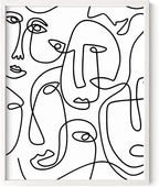 Abstract Face Pattern Wall Art Collage of Modern Faces Continuous Line Drawing 11x14 Inch Oak Wood White Framed Artistic Aesthetic Print for Living Room