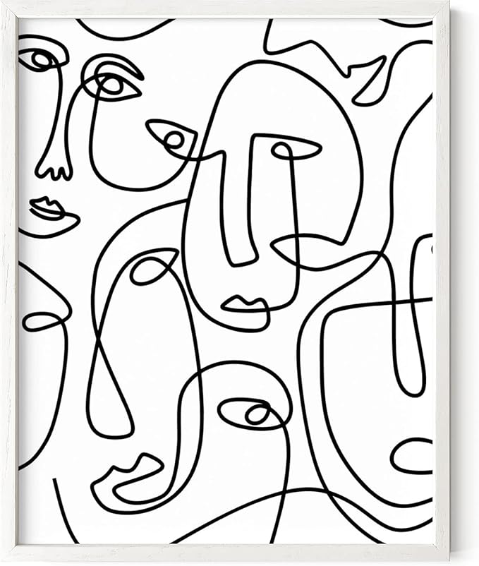 Abstract Face Pattern Wall Art Collage of Modern Faces Continuous Line Drawing 11x14 Inch Oak Wood White Framed Artistic Aesthetic Print for Living Room