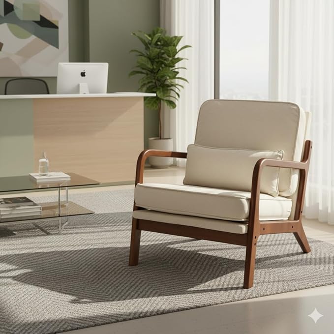 Simple Deluxe Mid-Century Modern Wood Accent Chair & Cozy Reading Chair, Upholstered Living Room Chair with Waist Cushion, Solid Wood Chair with Pillow for Bedroom, Beige