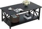 GreenForest Coffee Table with Round Corner, Farmhouse Center Table with 2-Tier Storage Shelf X-Frame Design for Living Room, 39 inch Black