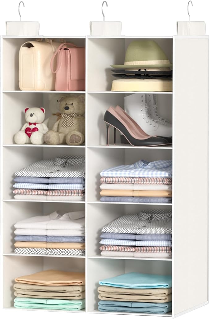 5 Shelves Hanging Closet Organizer - Foldable Dual-Row Hanging Clothes Storage with 3 Hooks, Space-Saving Closet Organizer and Storage for Sweater and Hats, Ideal for Dorms and Bedroom,White