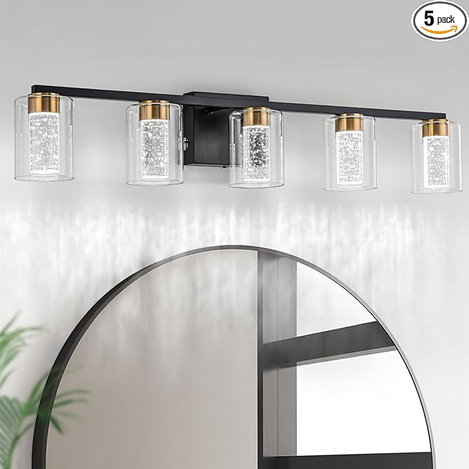 SineRise 5-Light Black and Gold Vanity Light with 3 Color Modes (3000K/4000K/6000K), Eye Protection LED Bathroom Light Fixture, Dimmable Modern Wall Light Over Mirror with Clear Glass Shade