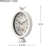 Vintage Table Clock with Bird, Desk and Shelf Decor Clock, French Paris Style, Antique White Metal Mantel Clocks for Living Room, Farmhouse, Bedroom, Bedside, Gift (10" H x 5.9" W)