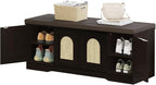 DINZI LVJ Shoe Bench, Boho Entryway Bench with Rattan-Like Doors, Cushion, Adjustable Shelves, 2-Tier Shoe Rack with seat, 47.2”L x 13.8”W Shoe Organizer Cabinet for Hallway, Bedroom, Espresso Rattan