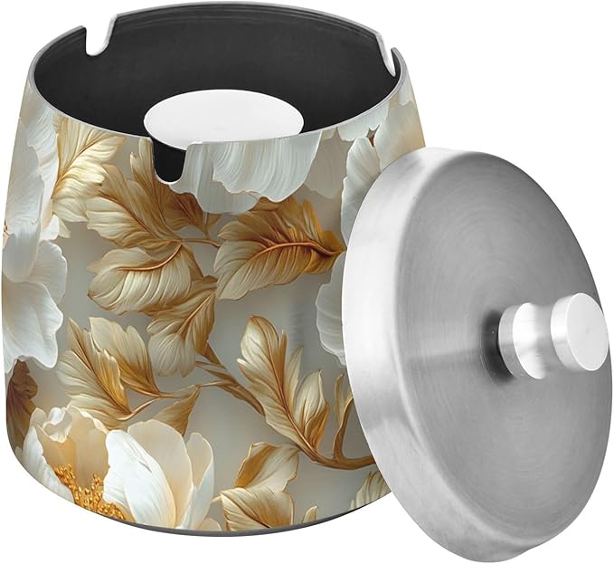 Parametric Floral Pattern Ashtray with Lid, Outdoor Ashtrays for Patio, Stainless Steel Ashtray Odorless Smokeless for Home Office Balcony