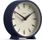 JONES CLOCKS® Venus Desk Clock | Modern Round Design | Blue | Stylish Retro Look for Shelf, Table, Mantel or Bedside