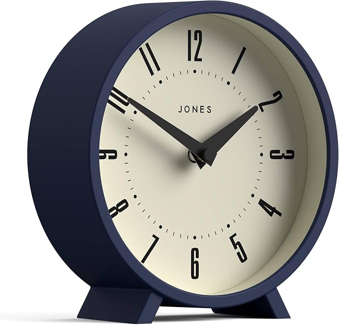 JONES CLOCKS® Venus Desk Clock | Modern Round Design | Blue | Stylish Retro Look for Shelf, Table, Mantel or Bedside