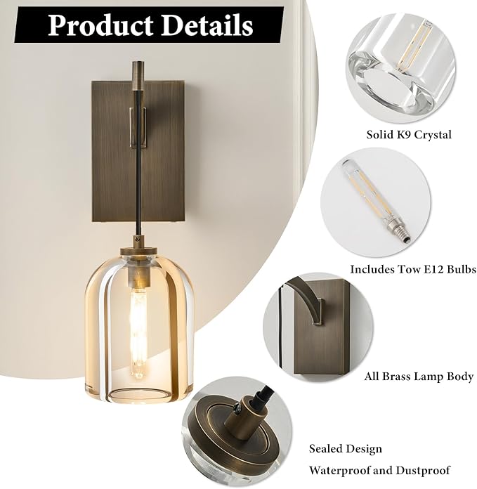 Crystal Brass Hemisphere Wall Sconce - Luxury Antique Brushed Lighting Fixture with K9 Crystals Cloche - Set of 2 Dimmable Indoor Hanging Light - Modern Gold Sconces for Bathroom Living Room Stair