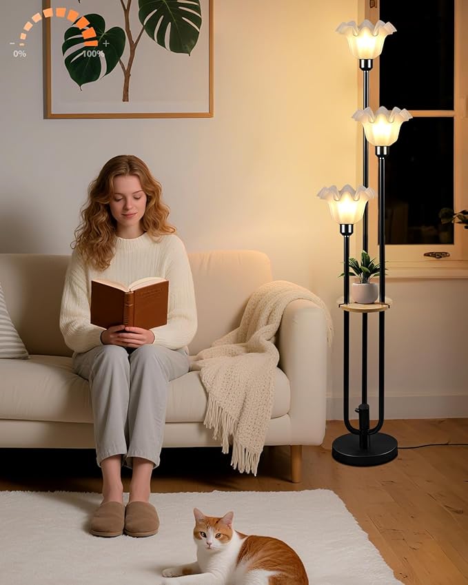 Flower Floor Lamp for Living Room, Dimmable Vintage Floor Lamp with Shelf &3 LED Bulbs, 3 Light 3000K Soft Warmwhite Mid Century Black Standing Lamp, Floral Tall Lamp for Bedroom Office
